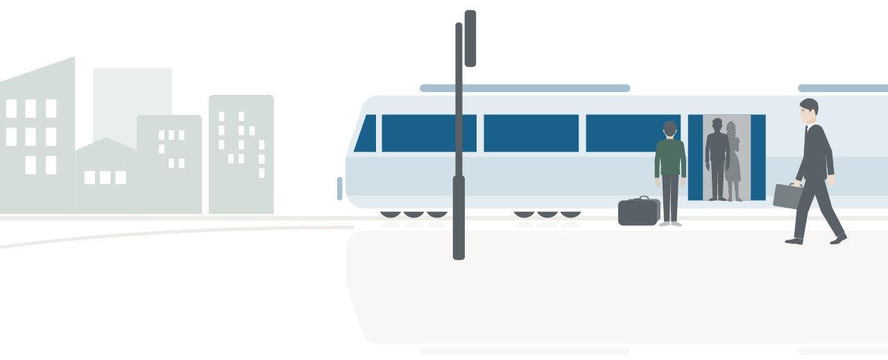 Illustration oeffentliche Verkehrsmittel mit Baumreihe und Gebaeude im Hintergrund