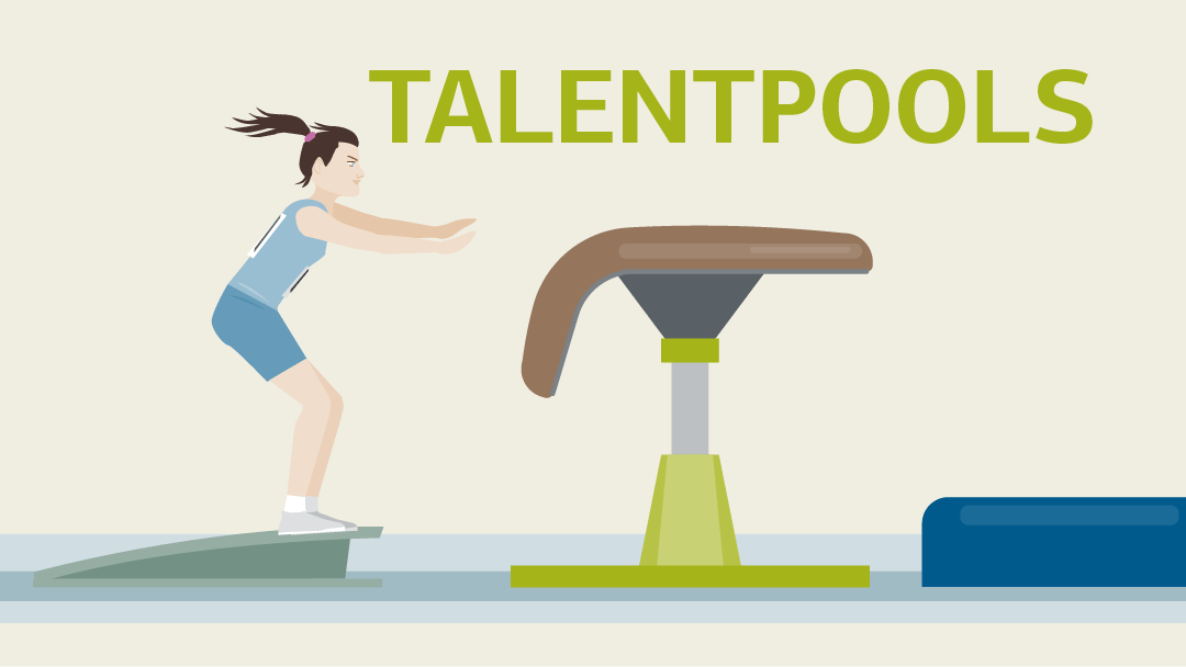 Illustration zum Thema Talentpools: Eine Frau springt über einen Sprungbock.