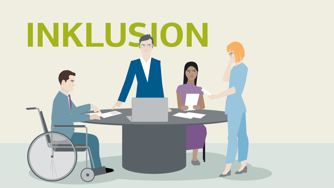 Illustration zu Inklusion: Kollegen mit und ohne Behinderung stehen und sitzen an einem Tisch zusammen