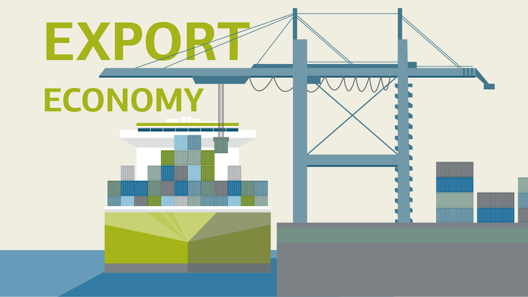Illustration for export economy: a containership is stored in a harbour