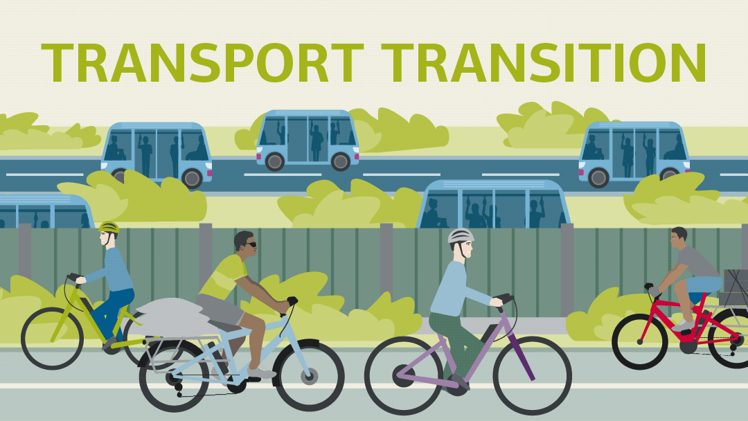 Illustration for transport transition: people on bikes, in the background several self guides vehicles