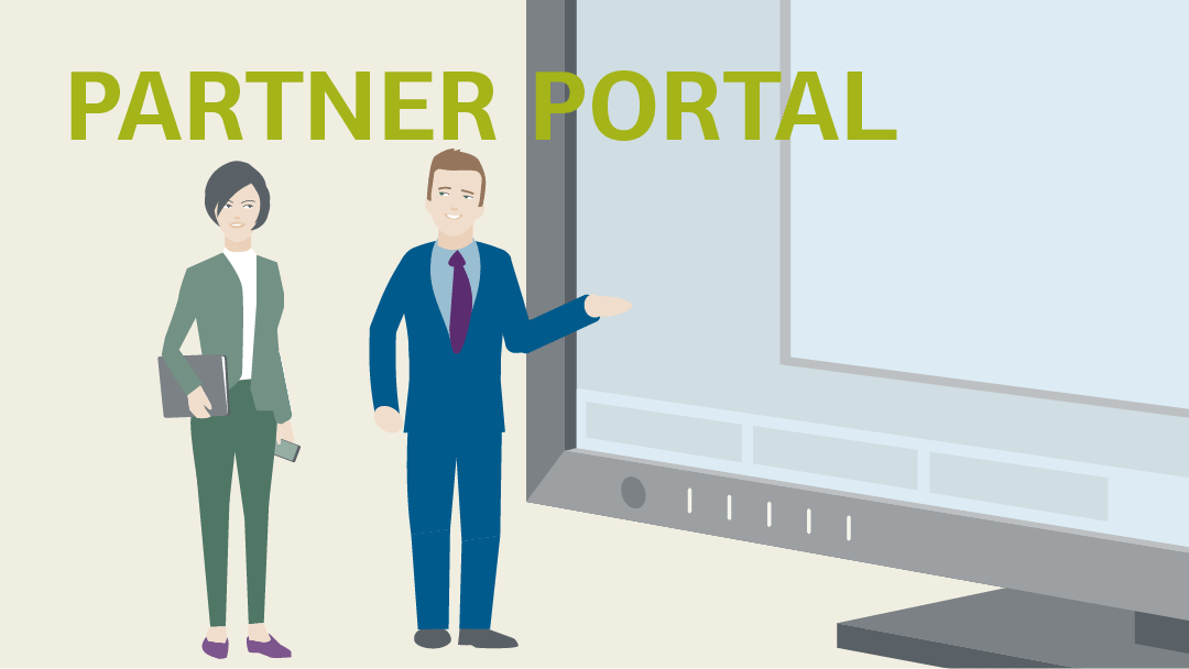 Illustration fpr partner portal: two people are standing in front of a outsized screen