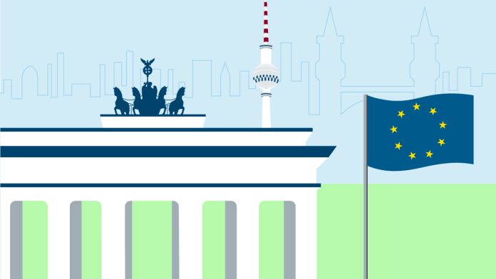 Illustration des Brandenburger Tors, daneben eine Europa Flagge