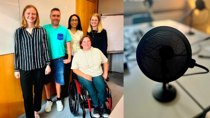 Gruppenbild von Marie Berwinkel (Kommunikationsexpertin beim DBS), Jochen Wollmert (mehrfacher Paralympicssieger im Para Tischtennis), Pia Carter (Social Media Managerin bei der KfW), Luisa Struck (Inklusionsmanagerin bei der KfW), Nora Schratz (Personalsachbearbeiterin bei der KfW und ehemalige Para Basketballerin), auf der rechten Seite ist ein Standmikrophon zu sehen.