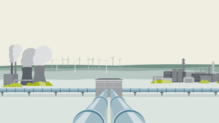 Illustration einer Landschaft mit einer Wasserstoff-Pipeline, einem Kraftwerk und Windrädern