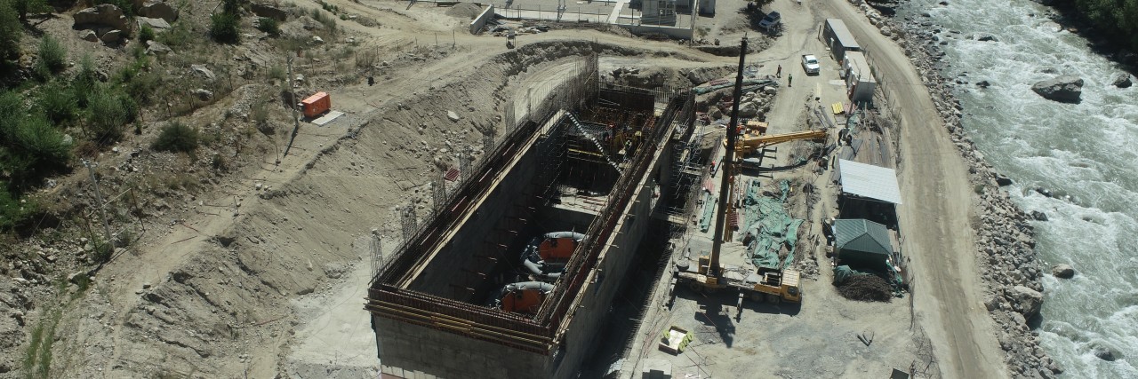 Construction site at the powerhouse at the Sebzor hydropower plant