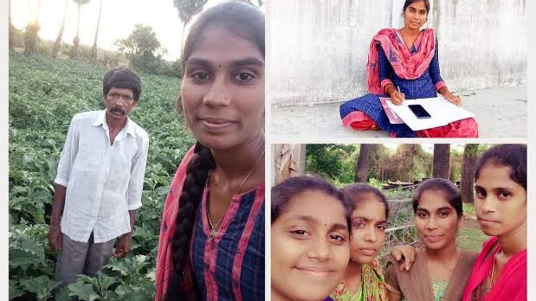 Portrait of Shobha Katuru who took part in the NxtWave programme, surrounded by family and friends