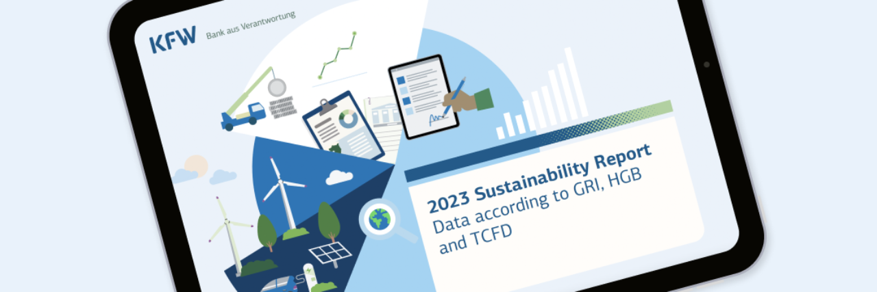 Cover image of the KfW Sustainability Report 2023 displayed on a tablet